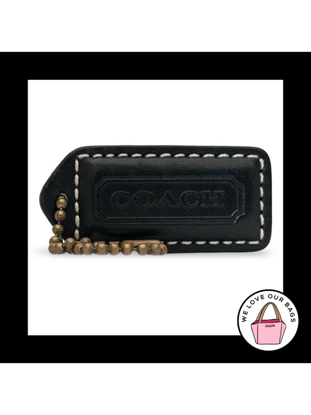 COACH Y2K VINTAGE Hang Tag 2" Black Antique Brass Leather Bag Charm Keychain Fob